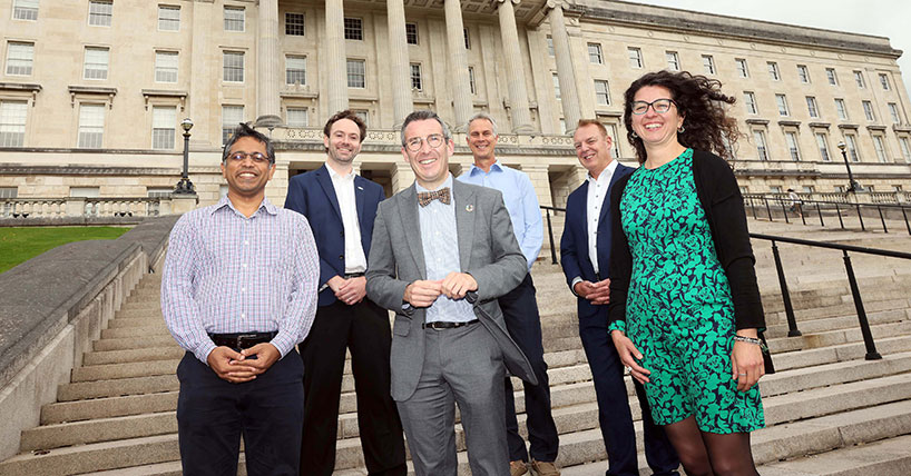 (L-R) Dr Deepayan Bhowmik; Chris McQuire, UK Space Agency; Minister Andrew Muir; Professor Sam Wilson and Dr Maria-Valasia Peppa.